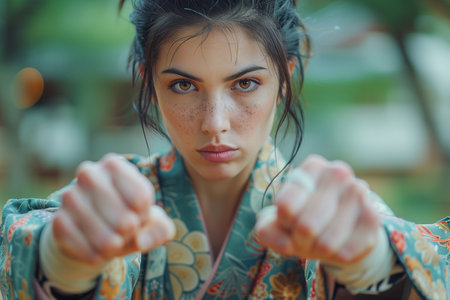 Woman in Kimono Performs Martial Arts Punch with Graceの素材