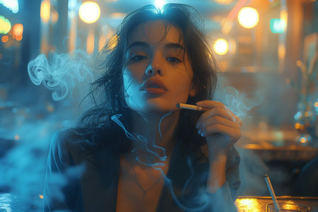 Woman in Suit Sits at Table Smoking, Contemplating in Solitudeの素材