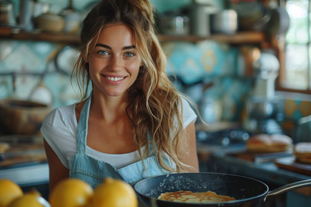 Young Woman Fries Pancakes in Light Blue Kitchen, Embracing Traditionの素材