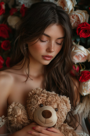 Woman with Long Hair Embraces Big Teddy Bear, Surrounded by Red, White, and Pink Rosesの素材