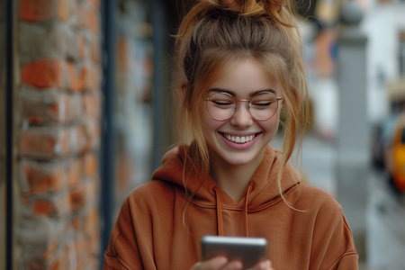 The Smartphone Serenity of a Light Brown-Haired Woman in Oversized Glassesの素材