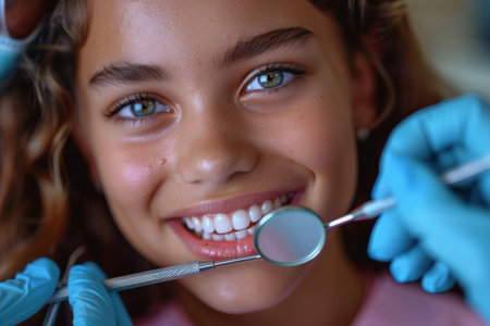 Female Dentist, Graced with Warmth, Shares a Gentle Smile as She Engages with a Child, Handheld Mirror in Handの素材