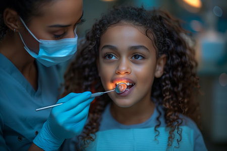 Female Dentist, Graced with Warmth, Shares a Gentle Smile as She Engages with a Child, Handheld Mirror in Handの素材