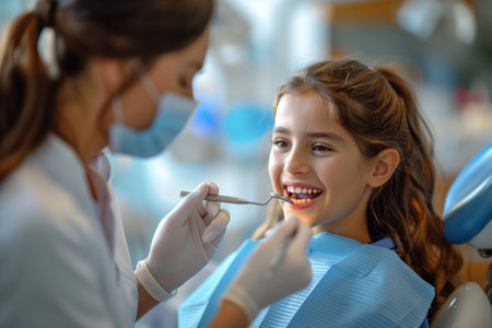 Female Dentist, Graced with Warmth, Shares a Gentle Smile as She Engages with a Child, Handheld Mirror in Handの素材