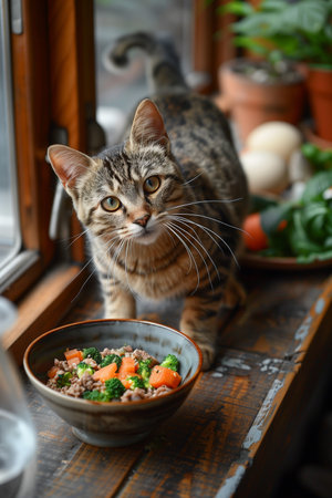 bicolor cat eagerly approaches a bowl of homemade foodの素材
