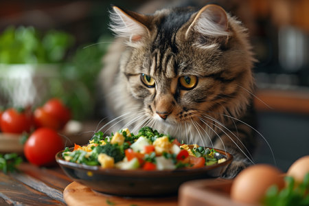 bicolor cat eagerly approaches a bowl of homemade foodの素材