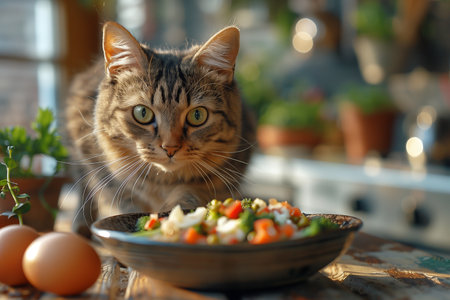 bicolor cat eagerly approaches a bowl of homemade foodの素材