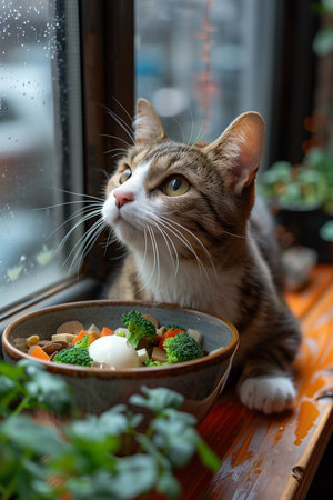 bicolor cat eagerly approaches a bowl of homemade foodの素材
