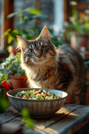 bicolor cat eagerly approaches a bowl of homemade foodの素材