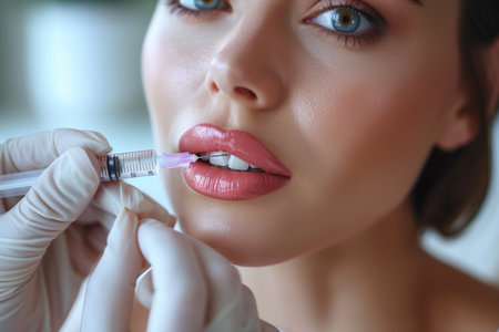 Revitalize beauty with filler injections near woman's chin using syringeの素材