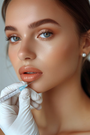 Revitalize beauty with filler injections near woman's chin using syringeの素材