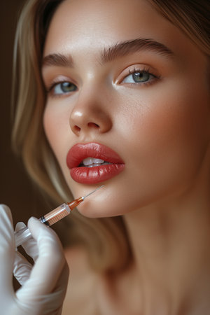 Revitalize beauty with filler injections near woman's chin using syringeの素材