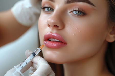 Revitalize beauty with filler injections near woman's chin using syringeの素材