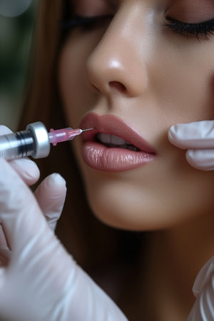 Revitalize beauty with filler injections near woman's chin using syringeの素材