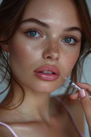 Revitalize beauty with filler injections near woman's chin using syringeの素材