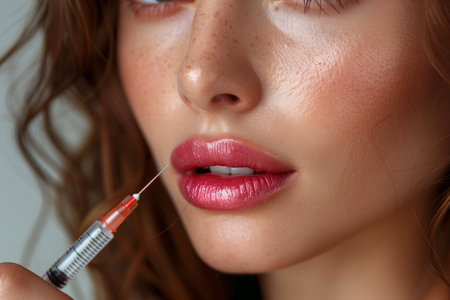 Revitalize beauty with filler injections near woman's chin using syringeの素材