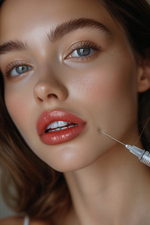 Revitalize beauty with filler injections near woman's chin using syringeの素材