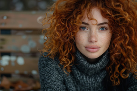 red haired woman with curls relaxes on a park benchの素材