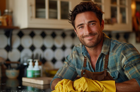cheerful man in yellow gloves cleans the kitchen counter with a green spray and cloth, smilingの素材