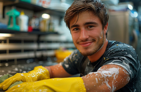 cheerful man in yellow gloves cleans the kitchen counter with a green spray and cloth, smilingの素材