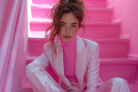 beauty model elegantly poses in a pink turtleneck sweater and white suit on a pink staircaseの素材