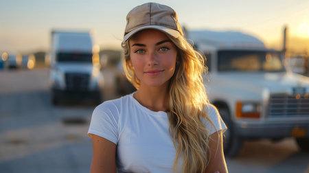stunning blonde woman in a trucker cap stands confidently by her truck, arms crossedの素材