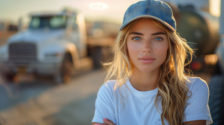 stunning blonde woman in a trucker cap stands confidently by her truck, arms crossedの素材