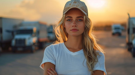 stunning blonde woman in a trucker cap stands confidently by her truck, arms crossedの素材