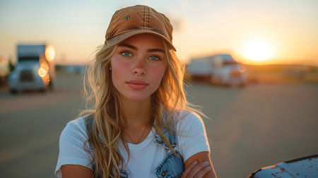 stunning blonde woman in a trucker cap stands confidently by her truck, arms crossedの素材