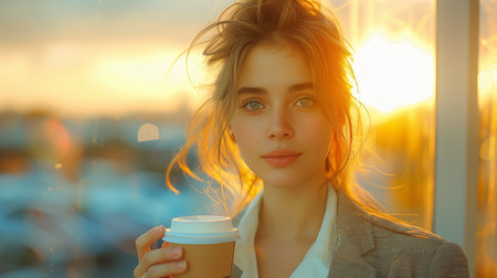 stunning professional woman holds a coffee against a city backdrop, bathed in sunset glow indoorsの素材