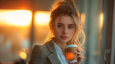 stunning professional woman holds a coffee against a city backdrop, bathed in sunset glow indoorsの素材