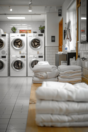 Commercial laundry machines in a well-lit public space offer convenient washing solutions for everyoneの素材