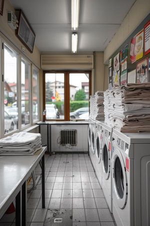Commercial laundry machines in a well-lit public space offer convenient washing solutions for everyoneの素材