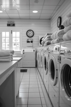 Commercial laundry machines in a well-lit public space offer convenient washing solutions for everyoneの素材