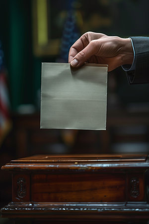 Business-suited hand casts vote in ballot box, symbolizing presidential election participation and democratic processの素材