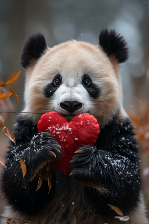 Adorable panda embraces a plush heart amidst its natural habitat, radiating charm and affectionの素材