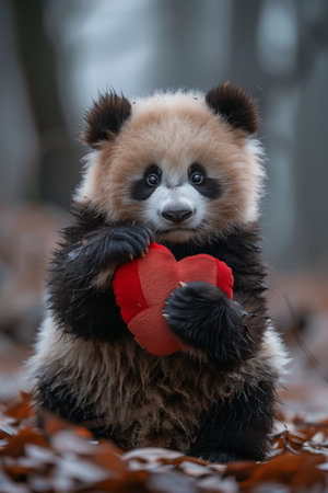 Adorable panda embraces a plush heart amidst its natural habitat, radiating charm and affectionの素材