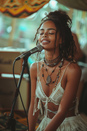 woman sits beside a square speaker, singing passionately into a microphone, captivating her audienceの素材
