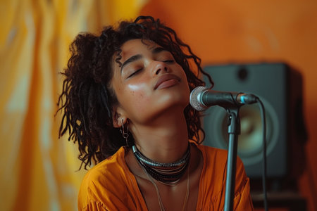 woman sits beside a square speaker, singing passionately into a microphone, captivating her audienceの素材