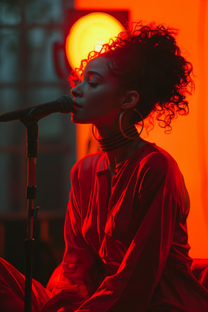 woman sits beside a square speaker, singing passionately into a microphone, captivating her audienceの素材