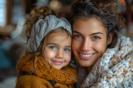 Mother and daughter bonding over toy, joyfully playing together in cozy living room settingの素材