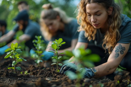 Community volunteers unite, planting trees in the park, nurturing greenery, fostering environmental stewardship togetherの素材