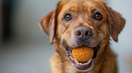 Cheerful pup joyfully engages with bone or ball toy, showcasing playful energy and contentmentの素材