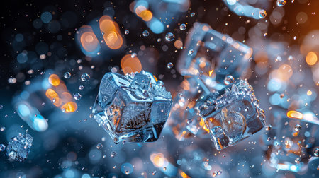 Falling ice cubes on blurred backdrop, offering ample space for creative content compositionの素材
