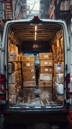 In the van's rear view, numerous cardboard boxes fill the space, suggesting a busy deliveryの素材