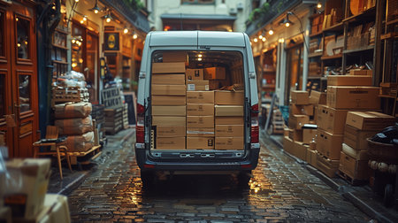 In the van's rear view, numerous cardboard boxes fill the space, suggesting a busy deliveryの素材