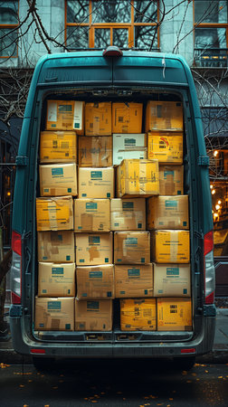 In the van's rear view, numerous cardboard boxes fill the space, suggesting a busy deliveryの素材