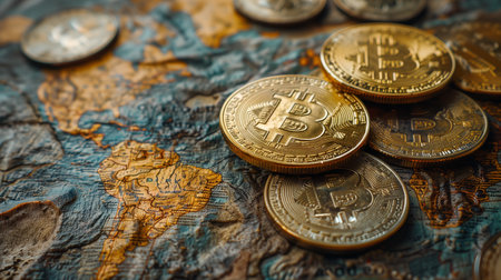 Bitcoin BTC golden coins atop a chart, illustrating blockchain technology and the concept of bitcoin miningの素材