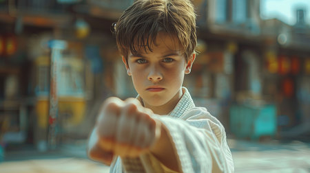 young boy in a white kimono practices Jiu-Jitsu, executing a powerful punch techniqueの素材