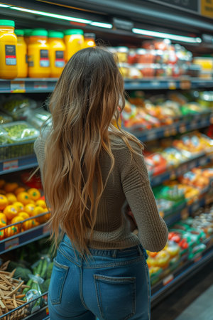 Observing a woman discerningly comparing various grocery products, navigating aisles with focused scrutiny and considerationの素材
